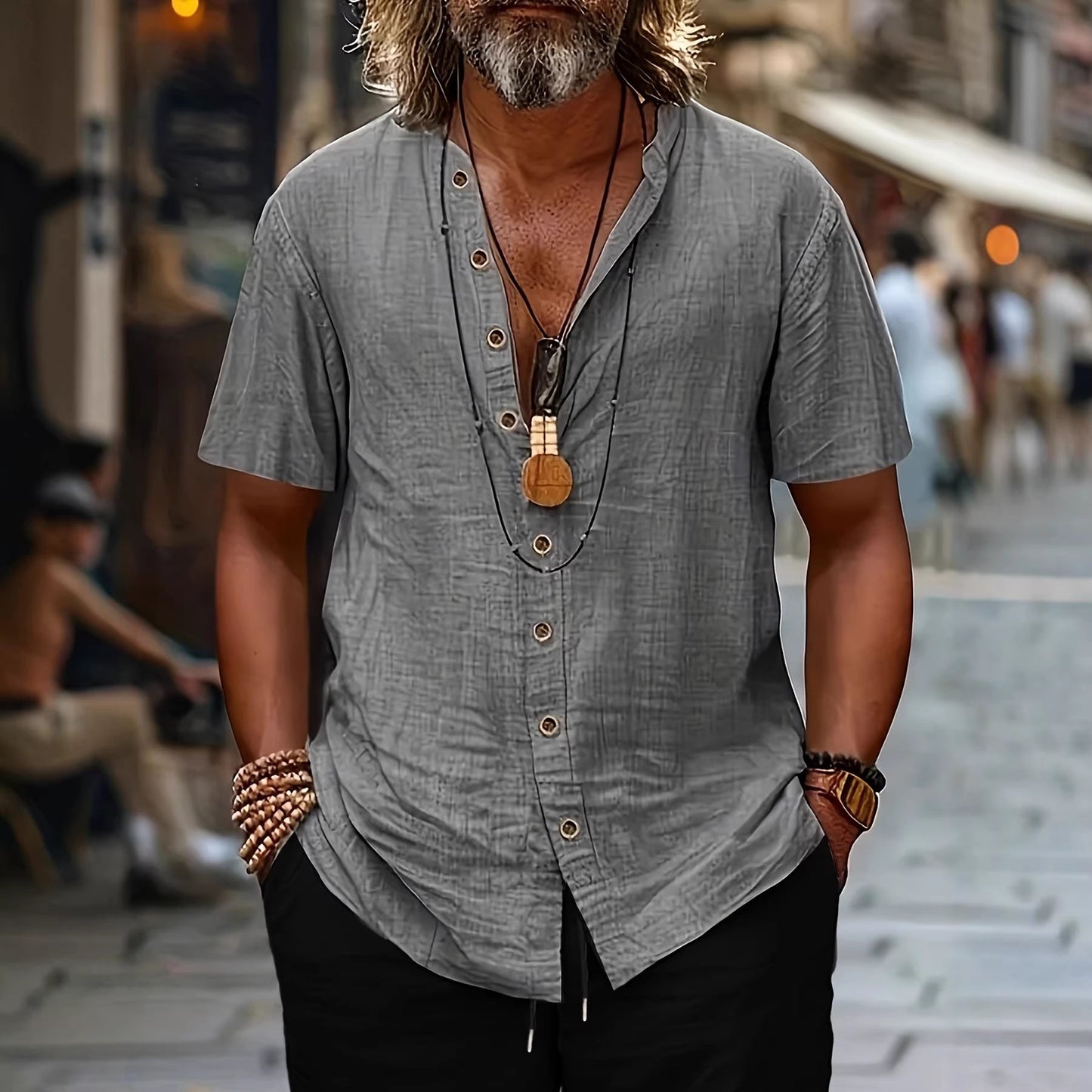 Men's Retro Button-Up Short-Sleeve Casual Shirt