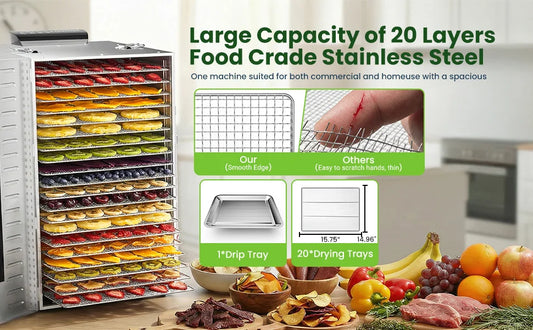 Commercial Food Dehydrator 20 Trays Large Food Dryer Machine for Jerky, Meat, Fruit, Herbs, Industrial Dehydrator Biltong Maker