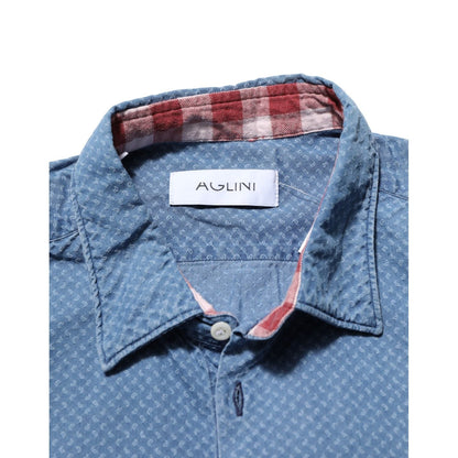 AGLINI Blue Cotton Slim Fit Collared Long Sleeve Casual Shirt