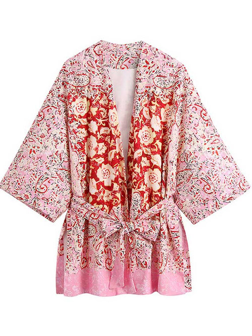 Short Length Polyester Floral Print Pink Color Gown Kimono Duster Robe