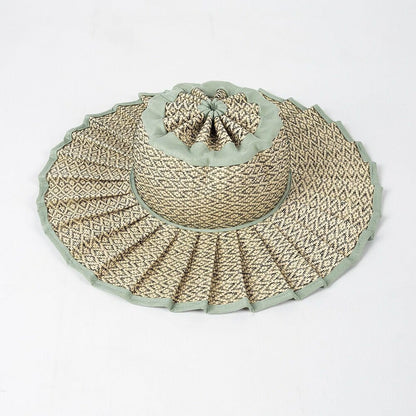 Handmade Foldable Straw Sun Hat for Women ‚Äì UPF 50+ Wide Brim Pleated Beach Hat with Ponytail Opening & Packable Roll-Up Design