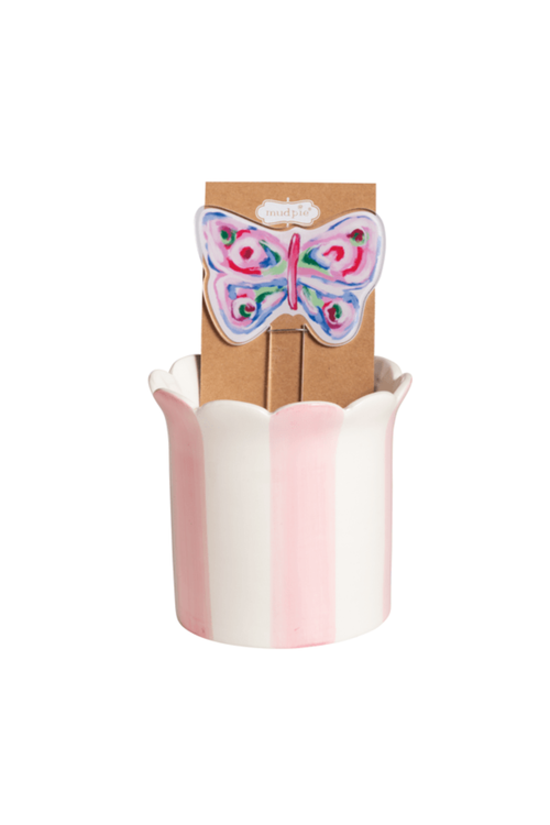 Butterfly Striped Pot & Plant Stake Set