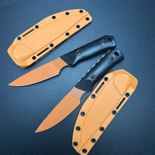 D2 Steel Fixed Blade Knife with Sheath – Titanium-Coated Stonewashed Camping Knife