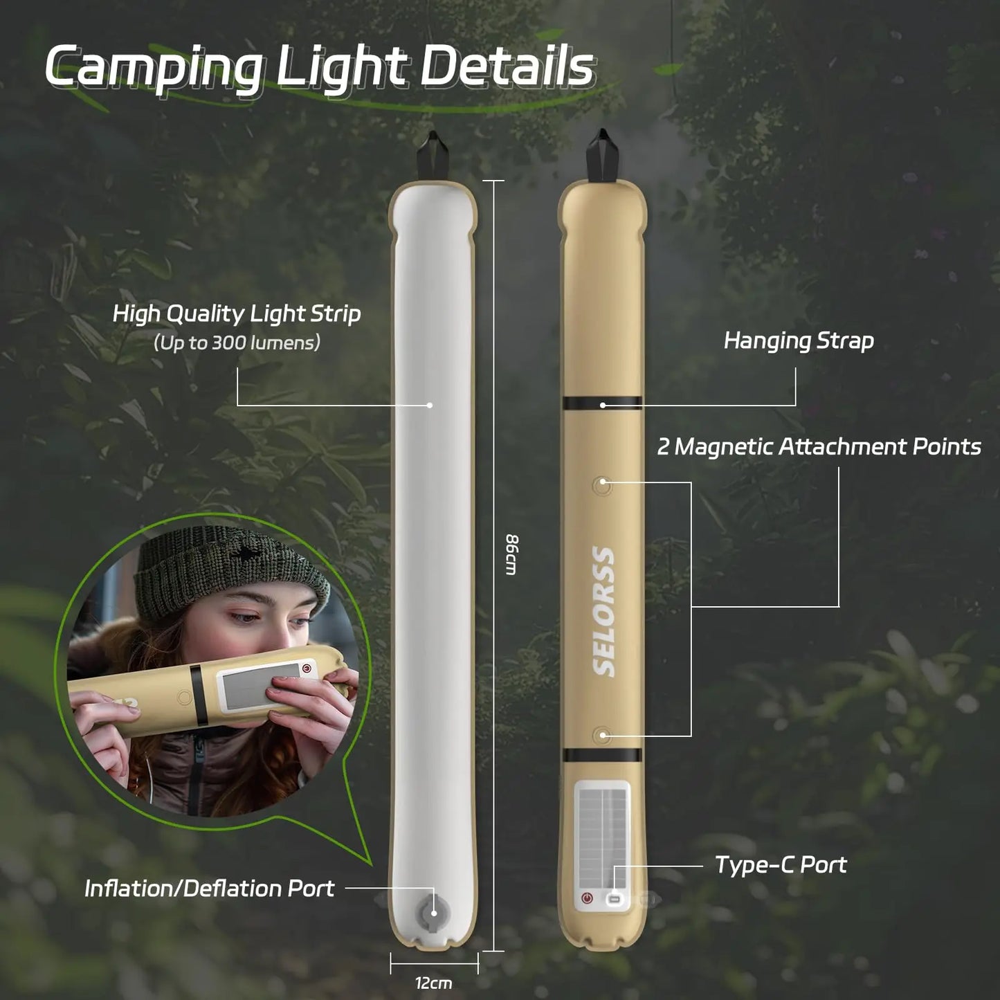 Solar Camping Lantern – Inflatable, IP66 Waterproof, 2000mAh, 3-30hr Runtime, 8 Variants