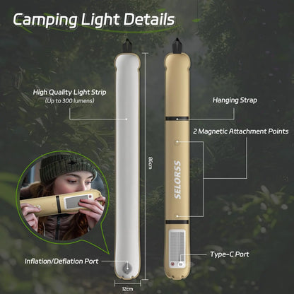 Solar Camping Lantern – Inflatable, IP66 Waterproof, 2000mAh, 3-30hr Runtime, 8 Variants