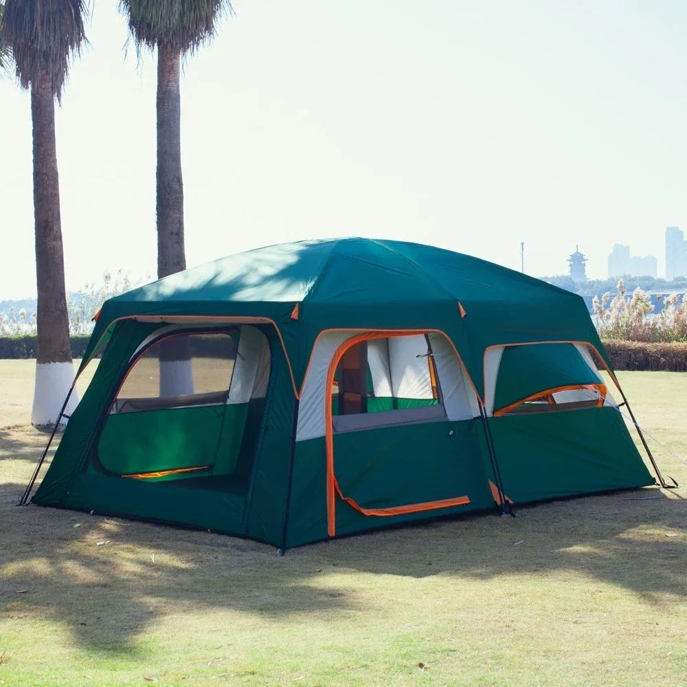 Extra Large Tent 12 Person,2 Bay Windows,Family Cabin Tents,14'Lx10'Wx6.58'H,2 Rooms&3 Doors 3 Windows w/ Mesh, Waterproof