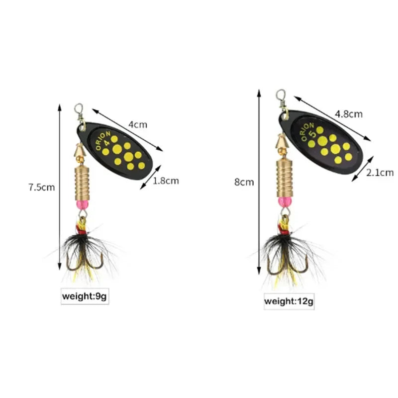 Metal Rotating Spinner Fishing Lure – Spoon Sequins Wobbler with Feather Hooks 3.5g/4.5g/7g/9g/12g