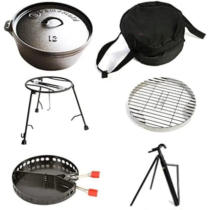 6-Piece Cast Iron Camping Grill Set – Dutch Oven, Flip Grill, Charcoal Holder & Accessories