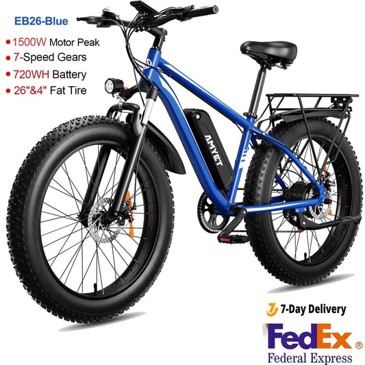AMYET Electric Bike EB26 Blue Adults Electric Bicycle 28mph Peak 1500W 720WH Ebike 26" Fat Tire Mountain Bike Electric Dirt Bike