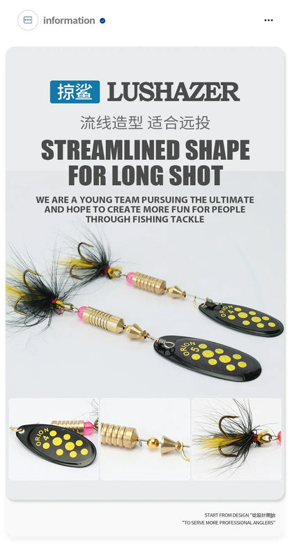 Metal Rotating Spinner Fishing Lure – Spoon Sequins Wobbler with Feather Hooks 3.5g/4.5g/7g/9g/12g