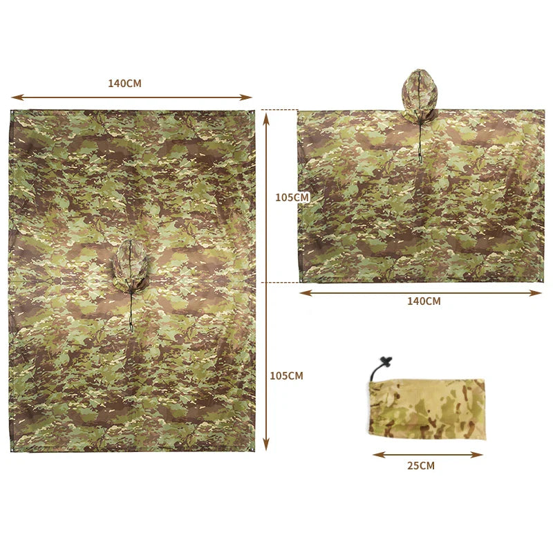 Camouflage Waterproof Poncho – Multifunctional Rain Cover for Camping & Hunting