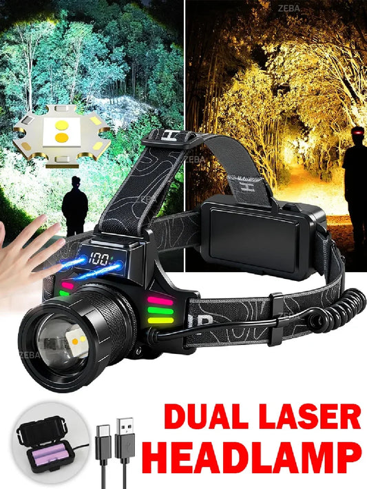 Super Bright Headlamp with Dual Laser & Motion Sensor – USB Rechargeable 18650 Torch for Fishing, Running & Fog