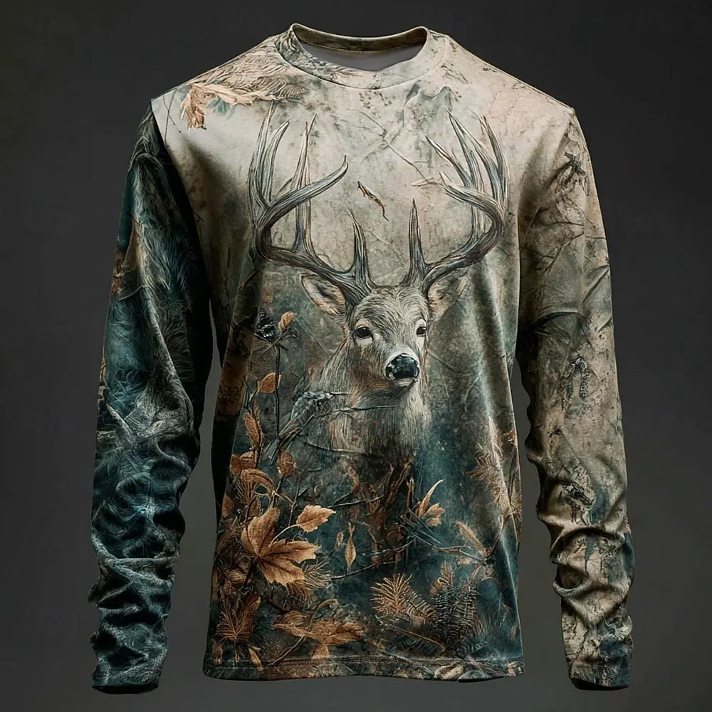 Men's Camo Deer Print Long Sleeve Shirt – Hunting & Outdoor Graphic Tee