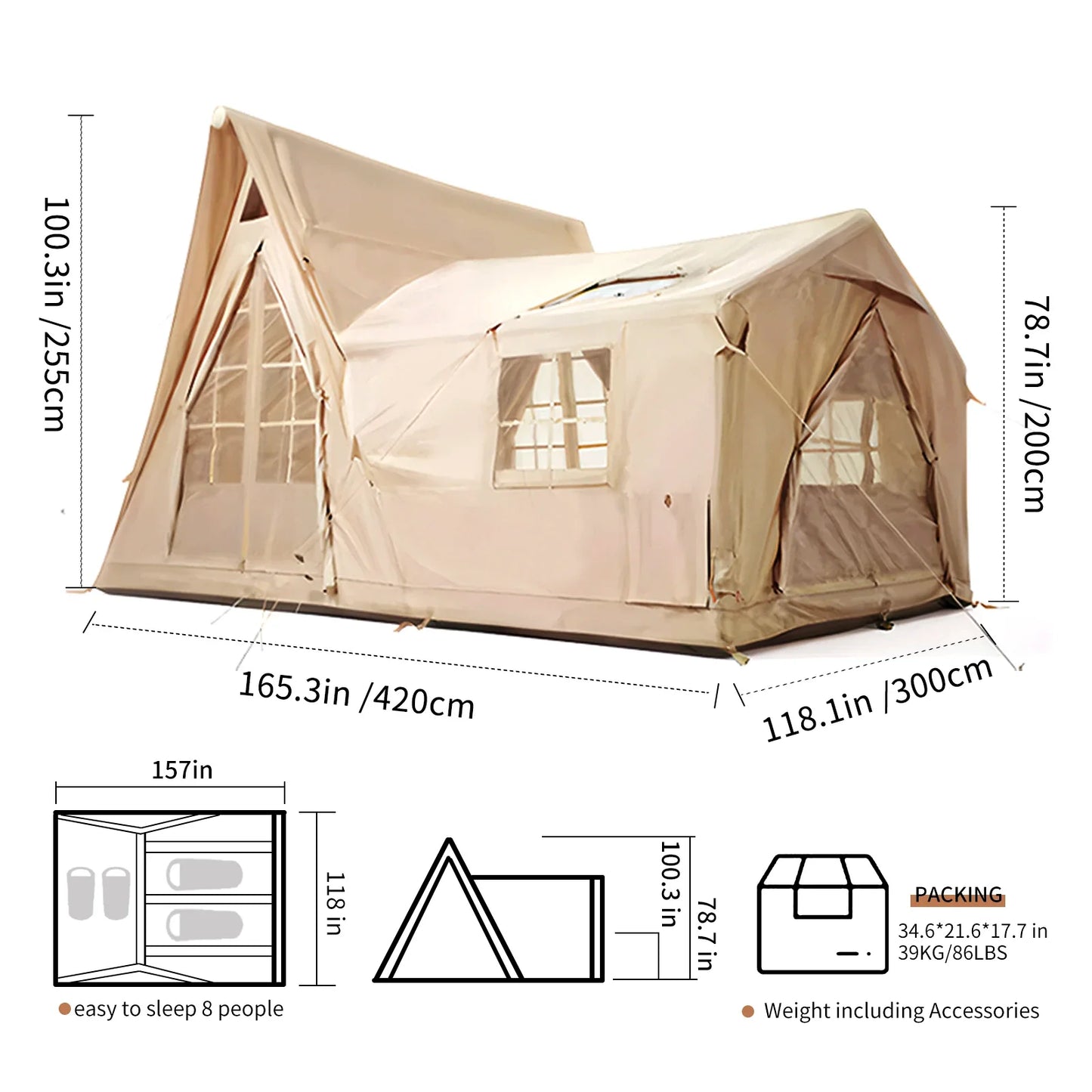 Large Inflatable Cabin Tent – 8-10 Person, 135 SQFT, 5-Min Setup, 4-Season, Waterproof