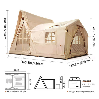 Large Inflatable Cabin Tent – 8-10 Person, 135 SQFT, 5-Min Setup, 4-Season, Waterproof