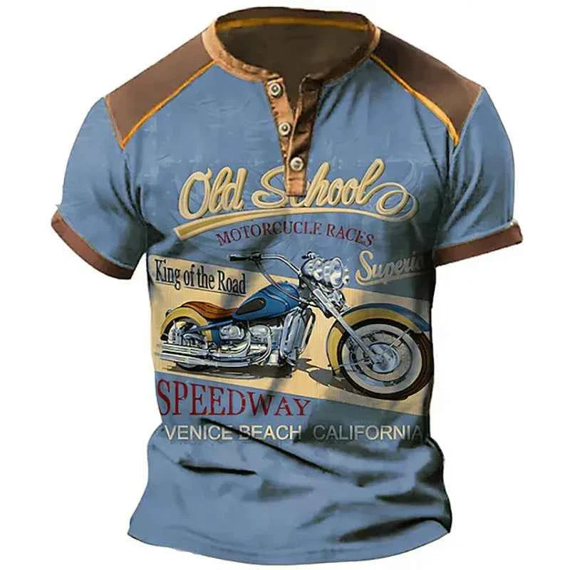 Summer Vintage Henley Shirts Motorcycle 3D Print Men's Casual Streetwear Button-Down Short Sleeve T Shirt Man Tees Tops Clothing