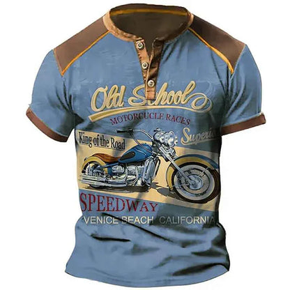 Summer Vintage Henley Shirts Motorcycle 3D Print Men's Casual Streetwear Button-Down Short Sleeve T Shirt Man Tees Tops Clothing