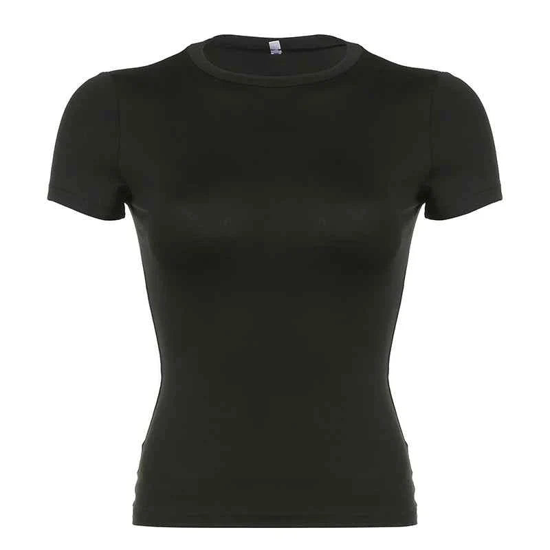 Basic Solid Crop Top Short Sleeve Crewneck Skinny T-shirt Summer Casual Tee for Women Y2K Vintage Top Harajuku Streetwear