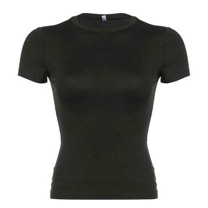 Basic Solid Crop Top Short Sleeve Crewneck Skinny T-shirt Summer Casual Tee for Women Y2K Vintage Top Harajuku Streetwear