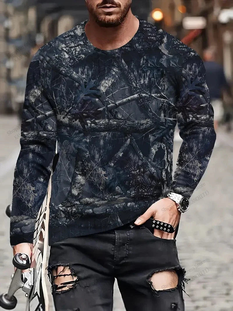Men's 3D Tree Camo Long Sleeve T-Shirt – Oversized Outdoor Tee