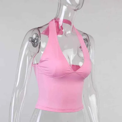 Summer Halter Camisole Tank Top Women V-Neck Sexy Tanks Camis Skinny Backless Pink Corset Tee Shirt Femme Tops WomanT-shirt