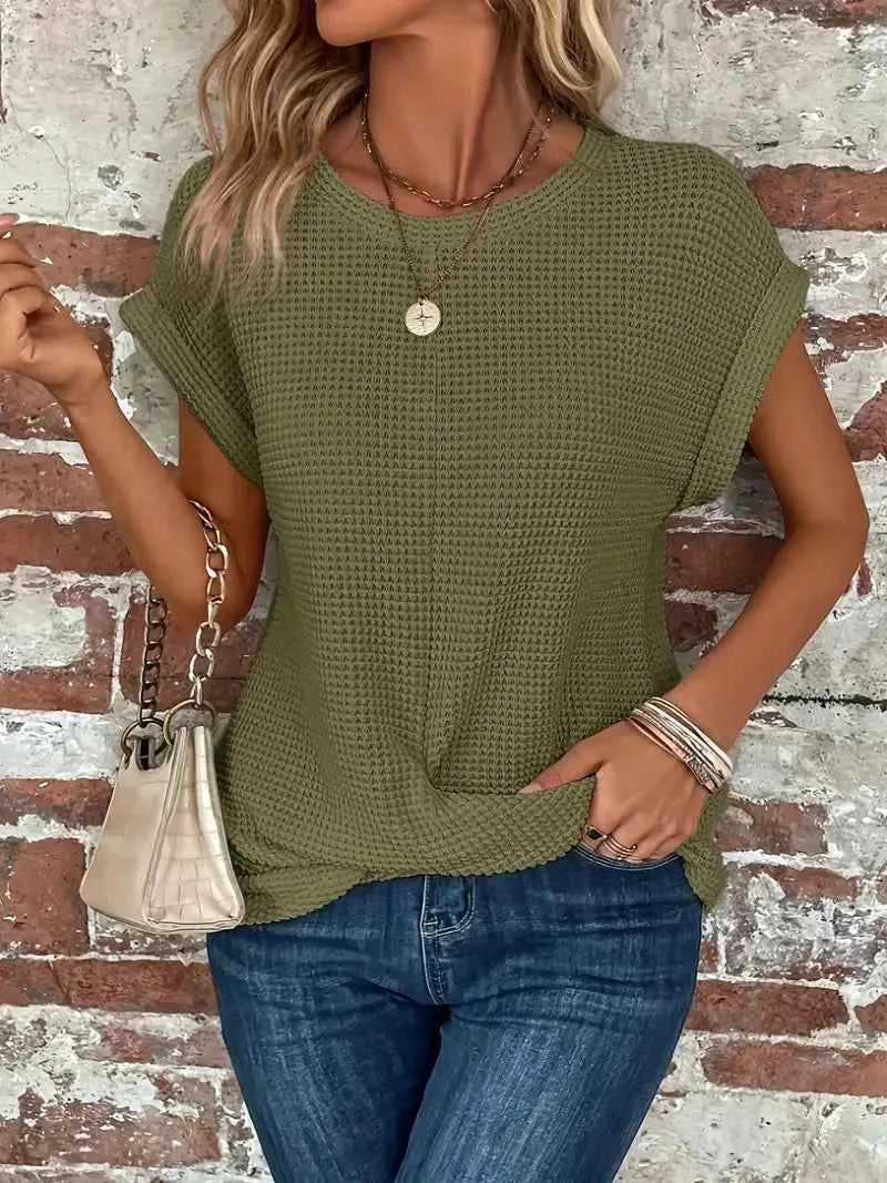 2024 New cross-border solid color round-collar T-shirt elegant short-sleeved twisted top spring and summer women's wear