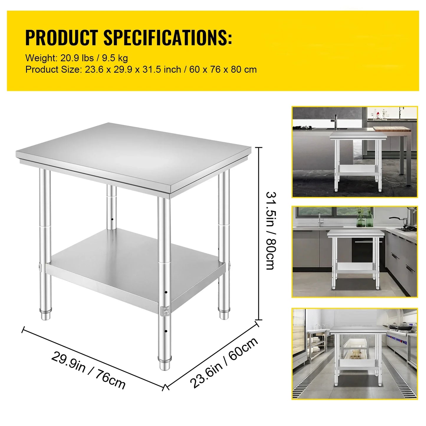SucceBuy Stainless Steel Table for Prep & Work Metal Commercial Kitchen Heavy Duty Table with Adjustable Shelf