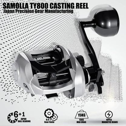 SAMOLLA Large New Baitcasting Fishing Reel Saltwater Waterproof Sea Fishing 6.3:1 15KG Drag Catfishing Trolling Metal Base
