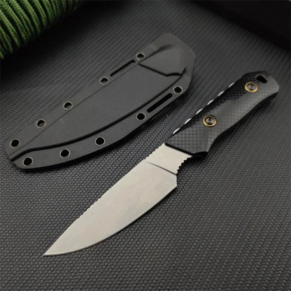 D2 Steel Fixed Blade Knife with Sheath – Titanium-Coated Stonewashed Camping Knife
