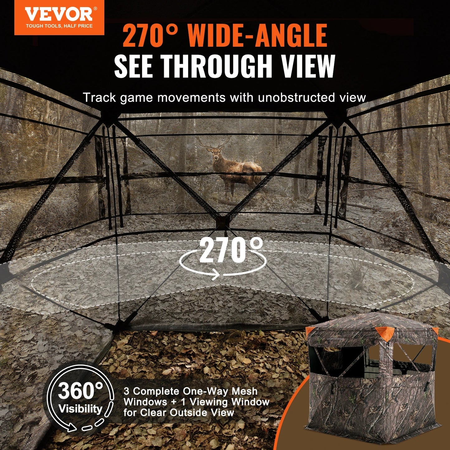 270° See-Through Ground Hunting Blind – 1-2 Person, Pop-Up, Waterproof, 55" or 58"