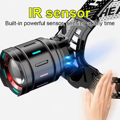 High-Power LED Headlamp with IR Sensor – Rechargeable, 5000m Beam for Fishing & Camping