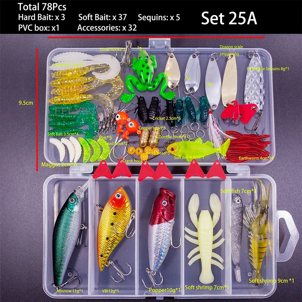 Mixed Fishing Lure Kit – Soft & Hard Baits, Minnow, VIB, Jig, Spoon, 13–182 Pieces