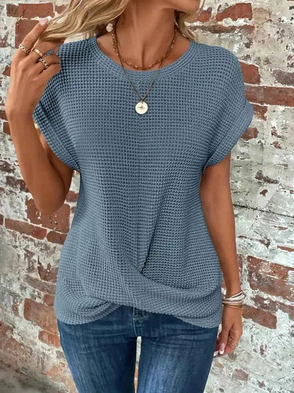 2024 New cross-border solid color round-collar T-shirt elegant short-sleeved twisted top spring and summer women's wear