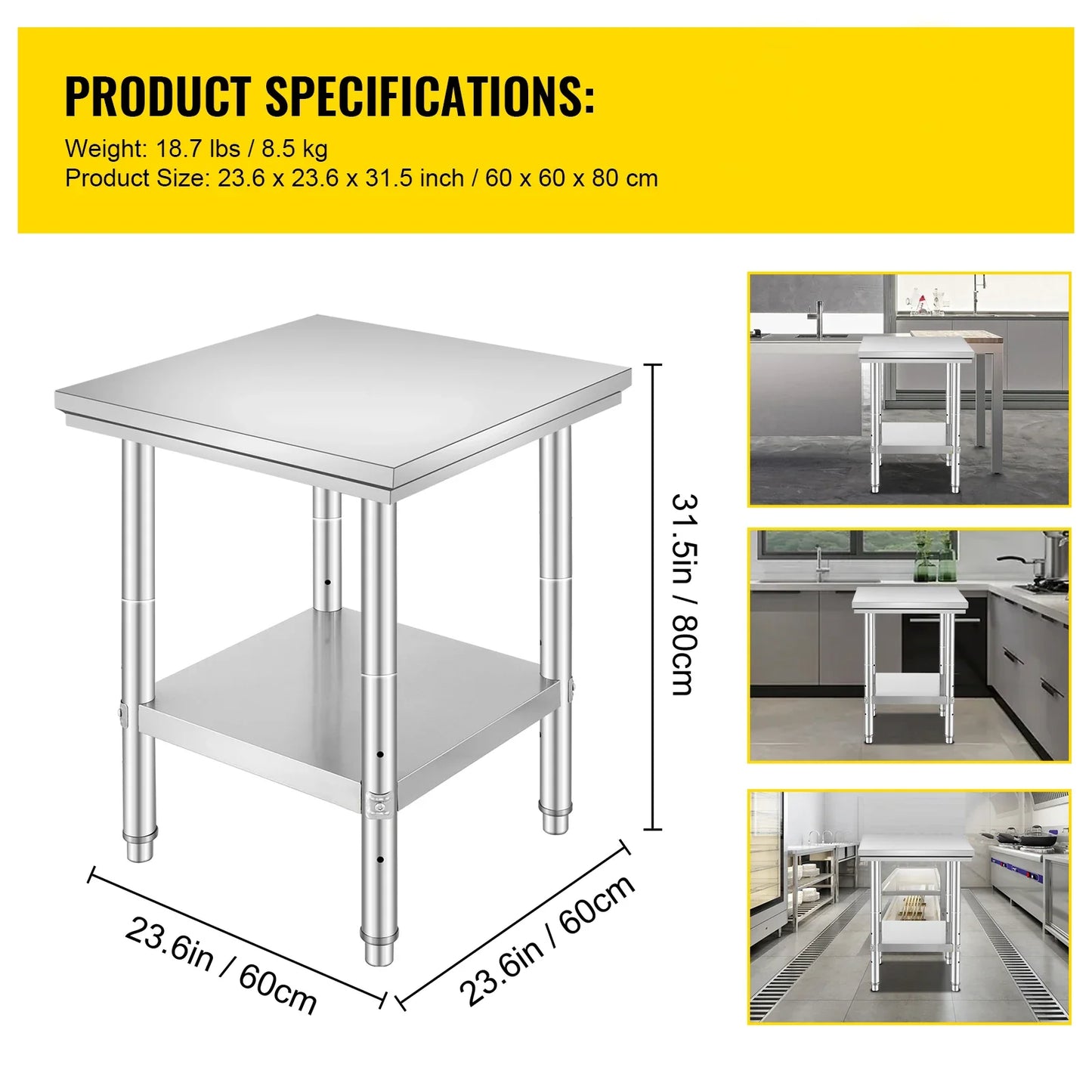 SucceBuy Stainless Steel Table for Prep & Work Metal Commercial Kitchen Heavy Duty Table with Adjustable Shelf