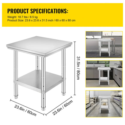 SucceBuy Stainless Steel Table for Prep & Work Metal Commercial Kitchen Heavy Duty Table with Adjustable Shelf