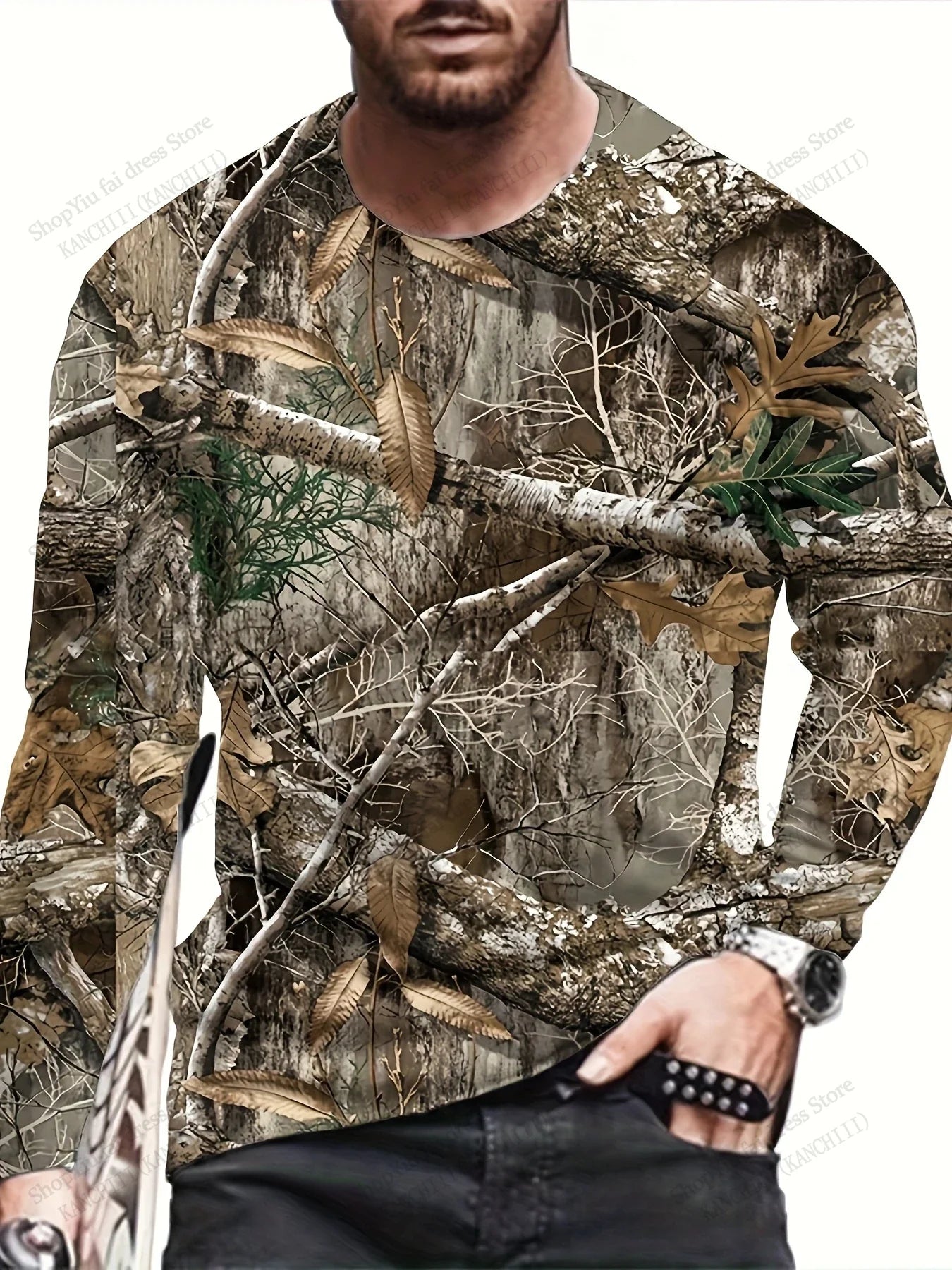 Men's 3D Tree Camo Long Sleeve T-Shirt – Oversized Outdoor Tee