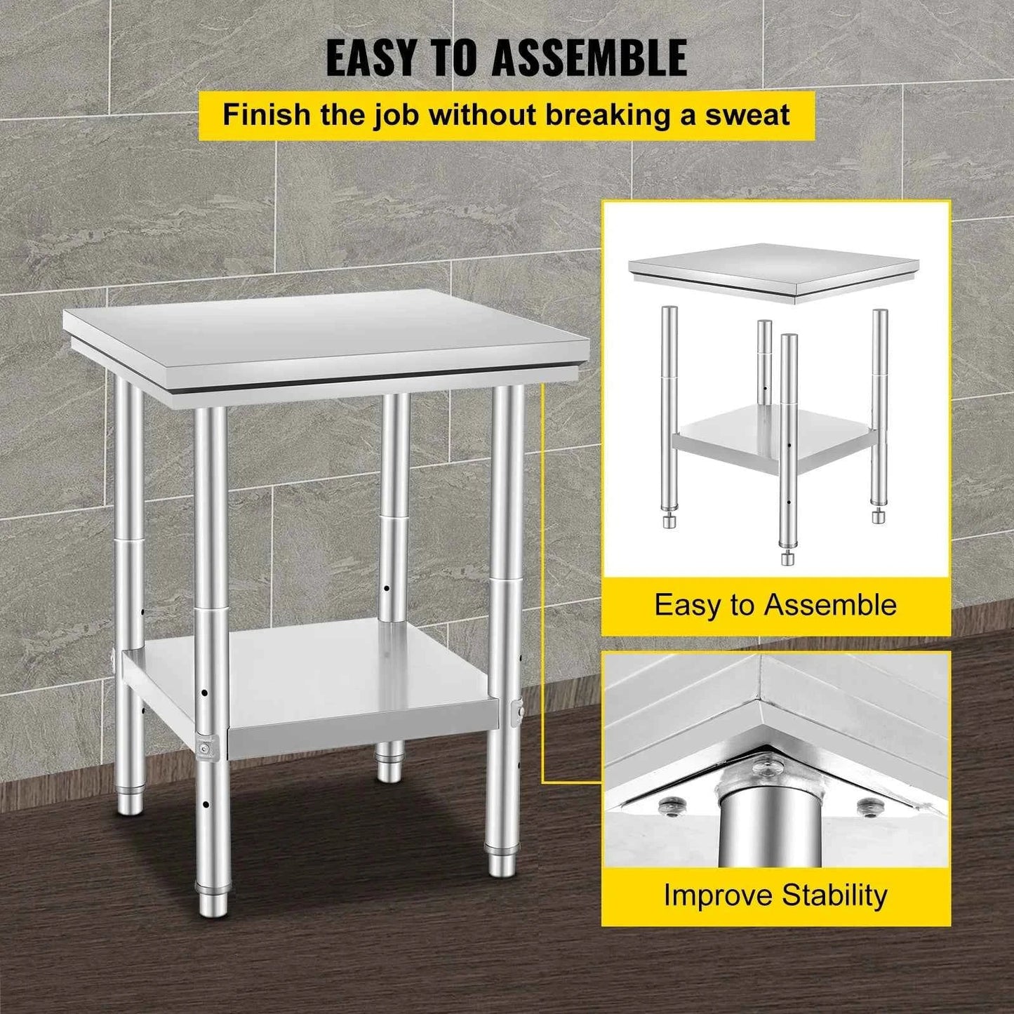 SucceBuy Stainless Steel Table for Prep & Work Metal Commercial Kitchen Heavy Duty Table with Adjustable Shelf