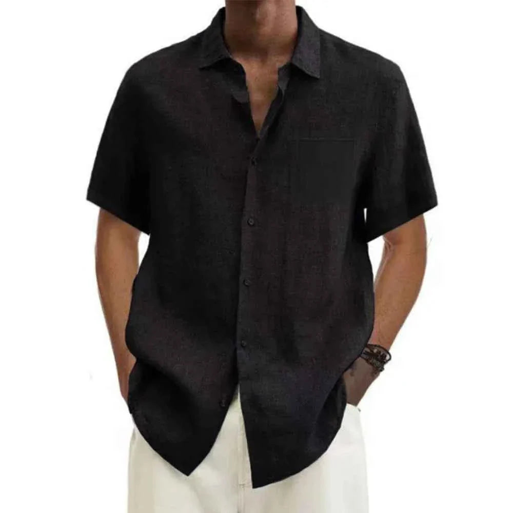 Cotton Linen Hot Sale Men's Short-Sleeved Shirts Summer Solid Color Turn-down collar Casual Beach Style Plus Size tops
