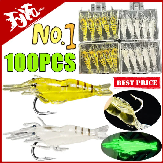 Soft Silicone Shrimp Fishing Lures with Hook – Luminous, Lifelike Action, 10 to 100 Pieces