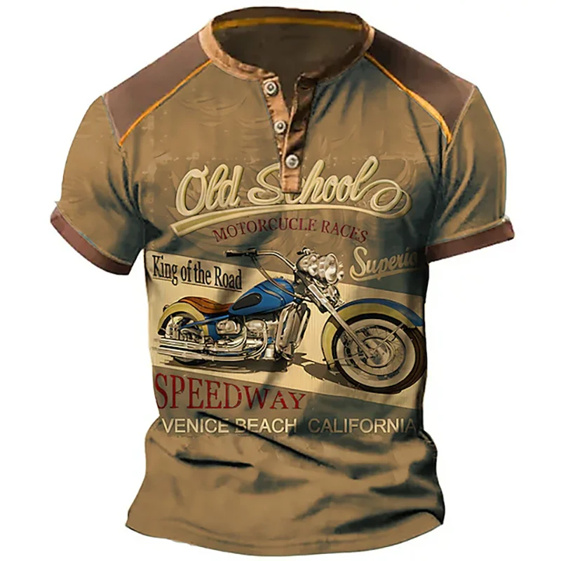 Summer Vintage Henley Shirts Motorcycle 3D Print Men's Casual Streetwear Button-Down Short Sleeve T Shirt Man Tees Tops Clothing