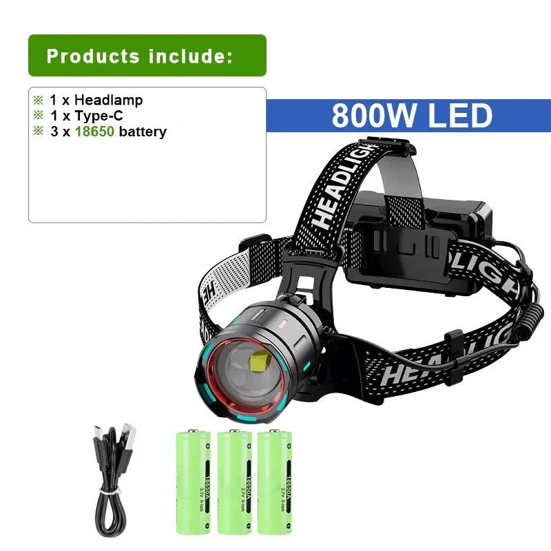 High-Power LED Headlamp with IR Sensor – Rechargeable, 5000m Beam for Fishing & Camping