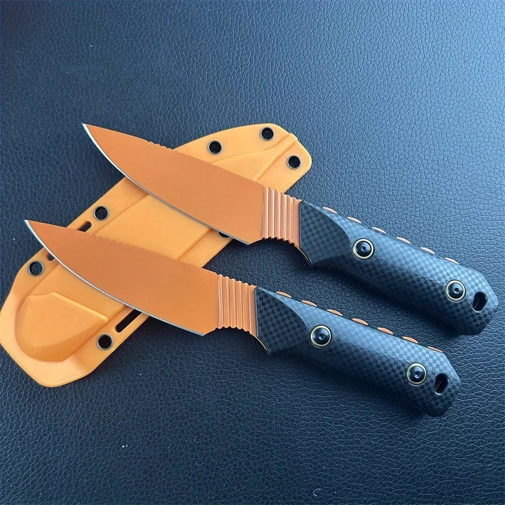 D2 Steel Fixed Blade Knife with Sheath – Titanium-Coated Stonewashed Camping Knife