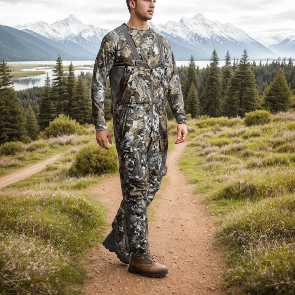 Men's Insulated Waterproof Hunting Bib Overalls – Silent Camo Fabric, 3-in-1 Softshell