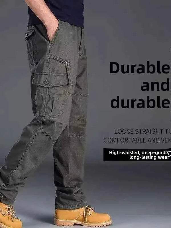 Men's Casual Workwear Trousers High Waist Large Size Leisure Pants Cuffed Tactical Multi-Pocket Labor Protection Wear-Resistance