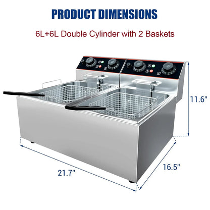 Commercial Electric Deep Fryer with Baskets Stainless Steel Adjustable Temperature Deep Fryer for Restaurant and Home