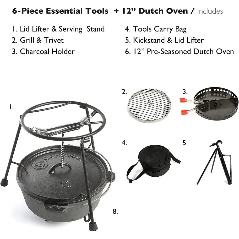 6-Piece Cast Iron Camping Grill Set – Dutch Oven, Flip Grill, Charcoal Holder & Accessories