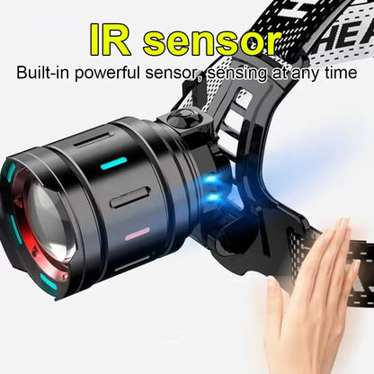 High-Power LED Headlamp with IR Sensor – Rechargeable, 5000m Beam for Fishing & Camping