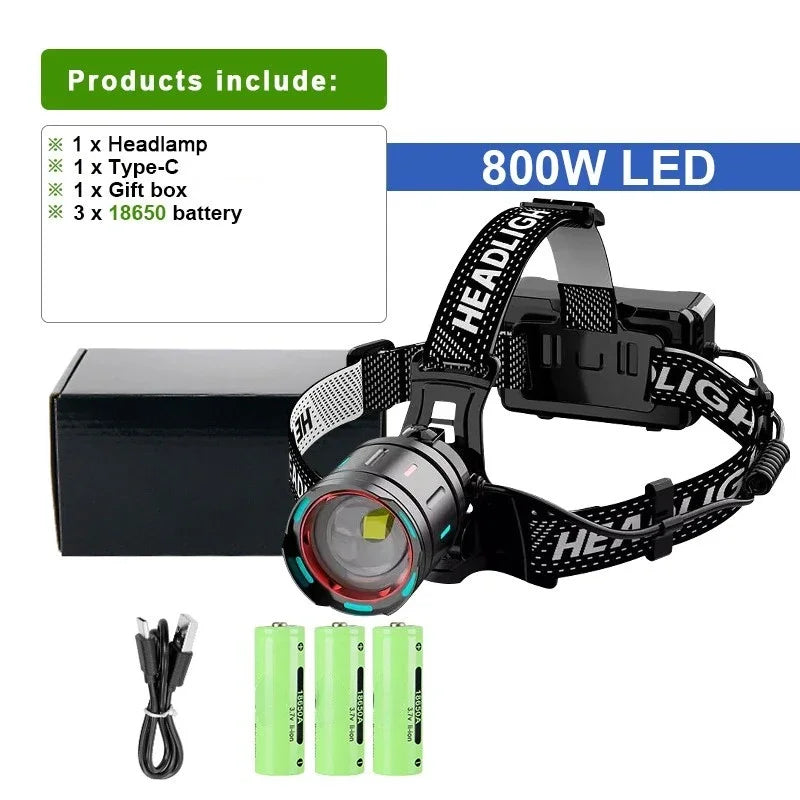 High-Power LED Headlamp with IR Sensor – Rechargeable, 5000m Beam for Fishing & Camping