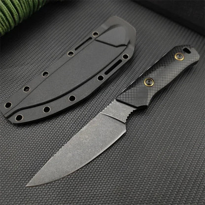 D2 Steel Fixed Blade Knife with Sheath – Titanium-Coated Stonewashed Camping Knife