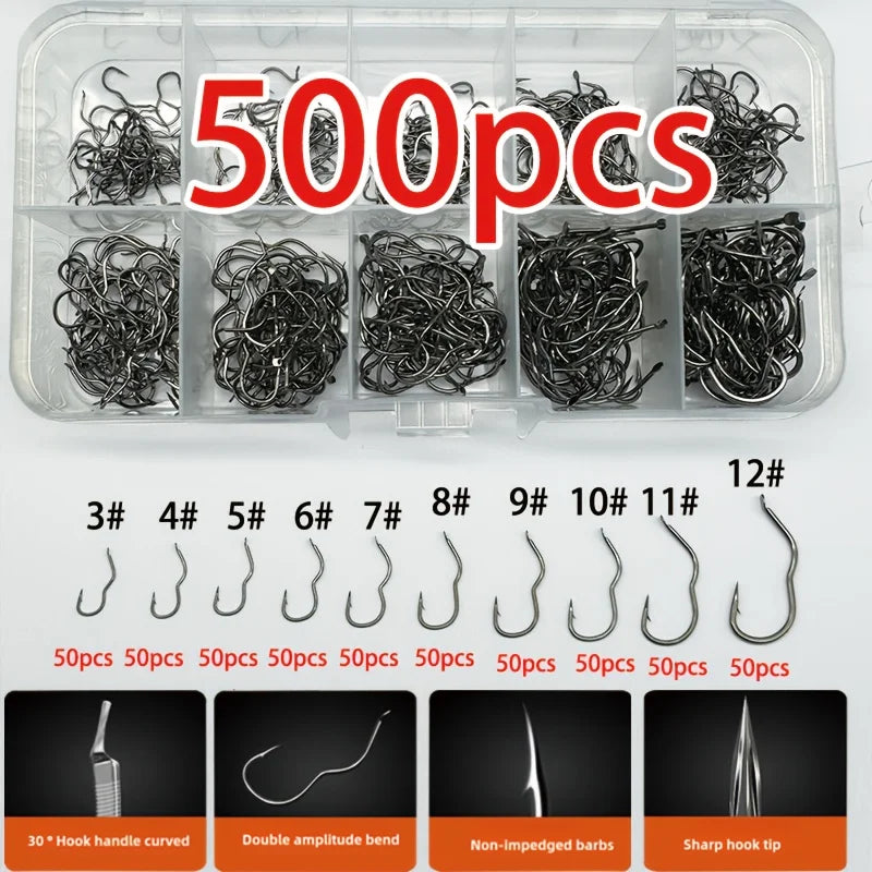 Carbon Steel Fishing Hook Set – 300pcs, Sizes 3-12, Barbed Sharp Hooks